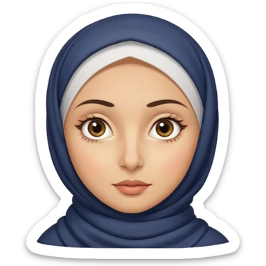 A girl in a French hijab, with an oval face, medium-sized forehead, wide eyes, straight nose, and full lips. She has thick, wavy hair and medium-toned skin with straight eyebrows sticker