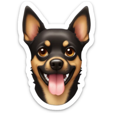 black brown colored mutt dog with small german shephard head but larger chihuahua eyes and large overbite with left upper sharp canine tooth a crooked and sticking out mouth sticker