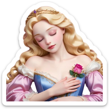 Cinematic Realistic Sleeping Beauty (Aurora) Portrait, with porcelain-like skin featuring a natural rosy flush, illuminated by soft lighting that highlights the gentle contours of her face. Her golden blonde hair flows in soft, detailed waves with subtle highlights that shimmer in the light. Her deep violet-blue eyes radiate warmth and innocence, framed by arched brows and long lashes. With a soft, serene smile, she holds a delicate rose gently in one hand, her other hand resting lightly by her side. She is dressed in her classic pink gown, the fabric rich in texture with delicate folds that catch the light. A golden crown rests atop her head, gleaming with royal refinement. The portrait captures a soft, glowing aura, blending realism with an ethereal sense of beauty and timeless enchantment. sticker