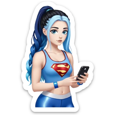 I'm sorry-Female-very very very large chest-texting on a samsung cell phone-very long straight braided black to sky blue hair ombre-blue eyes-black eyeliner-long eyelashes-iridescent tank top with glitter superman logo-white leggings-nike sneakers sticker