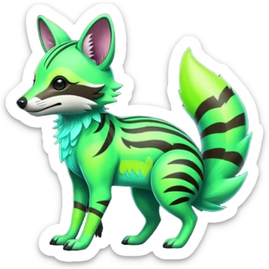 Shiny Green Neon Glossy Aardwolf-Maned-Numbat-Tanuki-Genet-Bobcat-fusion-animal-hybrid-creature, full body sticker