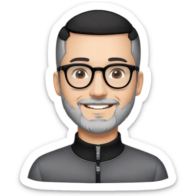 Man with light skin, black hair in near-buzz cut style (very minimal length), short peppered gray beard, large black-framed glasses, smiling face, black zip-neck long sleeve shirt sticker