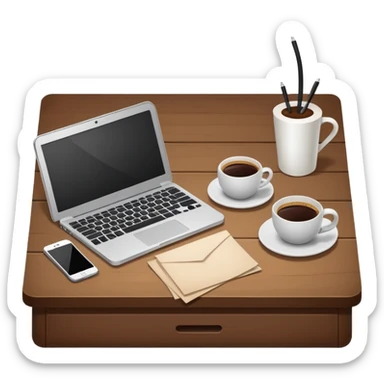 emoji of a cozy desk with a paper, a single coffee, and a laptop on it sticker