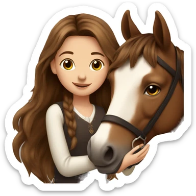Beautiful Girl long brown hair hug her brown horse sticker