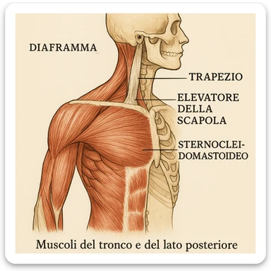 illustrazione anatomica con etichette in italiano di diaframma, trapezio, elevatore della scapola, sternocleidomastoideo, didascalia in italiano sticker