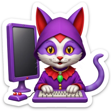 crazy colorful cute little cat jolly joker from poker, medieval, vintage, court jester, mac os icon, purple and red color, half body. The cat is inside a retro computer terminal sticker