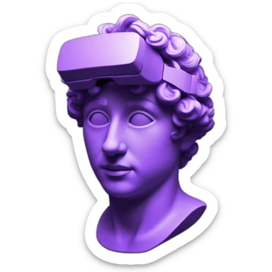 an EMOJI OF A ancient young greek statue, wearing VR headset, purple colors, DIGITAL UNIVERSE sticker