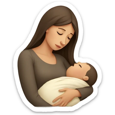 European sad mother with newborn sticker