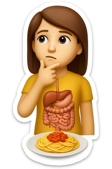 donna che guarda pensierosa con intestino in evidenza un piatto di pasta, stile emoji iphone, iperrealistico 4k sticker