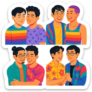 asian gay couple, various styles colorful vibrant diverse sticker