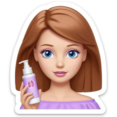 Barbie girl Chestnut Shoulder-length hair and blue eyes is In pale purple applying cream on face sticker