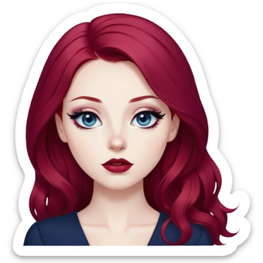 pretty baddie, wine red hair, cute lips, pale skin, long hair, dark blue eyes, bold black eyeliner sticker