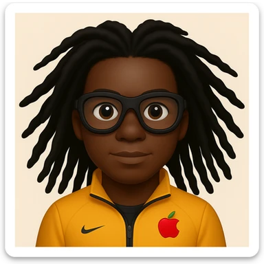 Make the hair black and more free flowing, keep the signature dreadlocks and sports goggles, in Apple emoji style. sticker