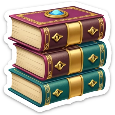 A stack of colorful spellbooks that look like they came out of a fine victorian library sticker
