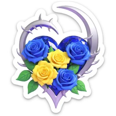 gothic heart made of sapphire blue glass, silver crescent moon, navy roses, holographic stardust, neon white lightning, drenched and splintered glass sticker