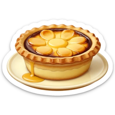 Create an emoji-style illustration of a Portuguese Pastel de Nata. It should be a small, individual custard tart with a flaky, layered puff-pastry crust and a glossy yellow custard center with dark caramelized spots on top. Do NOT make a full pie or slice only a single small tart sticker