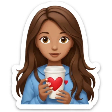 Un emoji de una chica con el pelo castaño y largo y suelto así como vestida como una that Girl y un café con dibujo de corazón y una cama aesthetic modo vida perfecta sticker