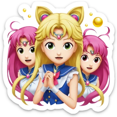 Icon for Anime: vibrant, dynamic scene with heros from Bishoujo Senshi Sailor Moon in action, featuring exaggerated expressions and colorful backgrounds. The design should reflect the distinct, energetic style of anime, with iconic eyes and unique visual elements. Transparent background. sticker