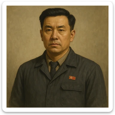 Official portrait of a North Korean man, head of the hull production workshop at a shipyard, serious and formal style, engineer's clothes, neutral background, confident and focused expression, style inspired by Soviet and North Korean official portraits, with a different face sticker