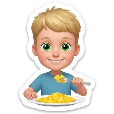 Use the same 3 year old blonde boy with green-blueish as before eyes happy eating scrambled eggs on a plate for breakfast sticker