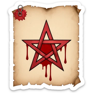 Minimalist emoji-style sticker of a blank torn contract with a pentagram stamp and drop of muted red ink. Gothic feel, flat design.
 sticker