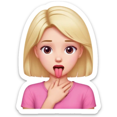 A girl with hands crossed on her neck and tongue out with pink shirt sticker