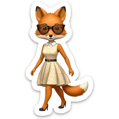 serious anthropomorphised female fox in stylish dress with sunglasses, walking with confidence, full-body view sticker