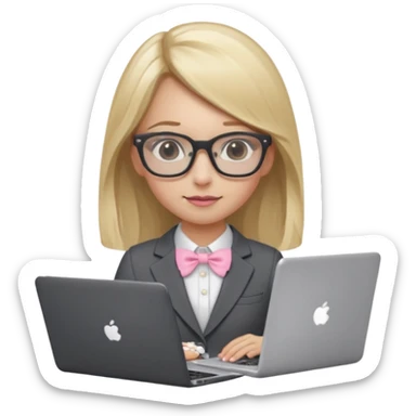 Please take the girl with laptop emoji and make her glassess light brown and her nose a bit smaller and pointier and she has blonde long hair and a dark grey suit and pearls, and has a laptop in fron of her and a tiny pink bow on the left side of her head sticker