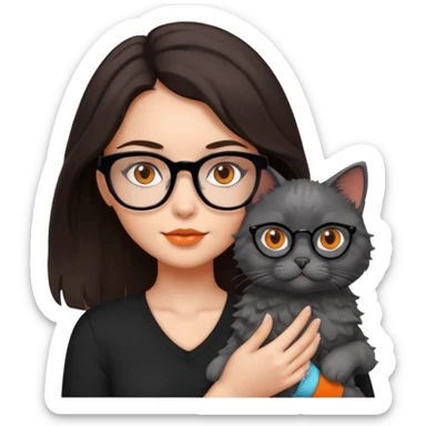 girl with dark brown hair, medium length to her chest, slightly wavy, the girl has black glasses and black eyes, she’s holding a grey fluffy cat with bright orange eyes  sticker