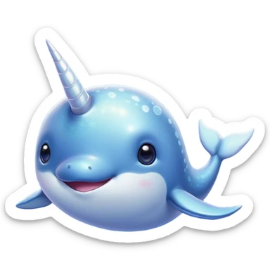 Cinematic Cute Cute Narwhal Portrait Emoji, Head tilted playfully and inquisitively, featuring a charming, sleek body with softly iridescent skin, a prominently spiraled tusk and large, twinkling eyes full of gentle wonder, Simplified yet irresistibly adorable features, highly detailed, glowing with a warm, inviting ocean glow, high shine, affectionate and lively, stylized with a touch of magical sea whimsy, soft glowing outline, capturing the essence of a mischievous yet endearing cute narwhal that seems as if it could frolic out of the screen into your heart! sticker