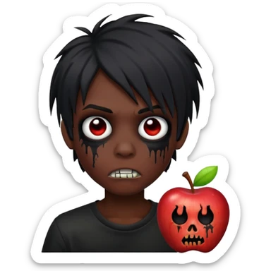 human boy zombie, black long emo hair, scary, black eyes, dark skin, Apple emoji style sticker