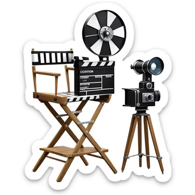 Icon for Directing: a director's chair, a film clapperboard, large movie camera and a stage with a spotlight. The icon should represent the creative and organizational aspects of directing, with focus on storytelling, staging, and performance. Transparent background. sticker