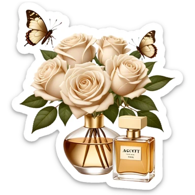 A bouquet of white Ascott tea roses next to a beige aesthetic and a brown beautiful butterfly and a gold silk ribbon and a beautiful flacon of aesthetically pleasing vintage-style perfume in pearl color sticker