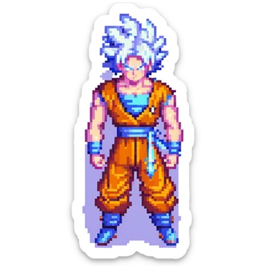 Goku transforming into Ultra Instinct, glowing aura, silver hair, action scene, pixel art style sticker
