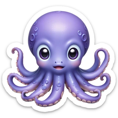Cinematic Cute Shy Baby Octopus Portrait Emoji, Tentacles tucked slightly inward in an adorably bashful pose, featuring a softly glowing, round light blue-purple body with enormous, soulful eyes peering out timidly, Simplified yet irresistibly adorable features, highly detailed, glowing with a delicate, soothing marine radiance, high shine, quiet yet expressive, stylized with an air of gentle mystery, soft glowing outline, capturing the essence of a tiny, shy deep-sea creature that seems as if it could slowly peek out and explore the world with cautious curiosity! sticker