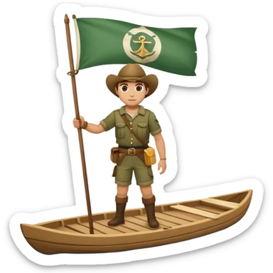 ranger on a wooden raft with a white flag on its mast sticker