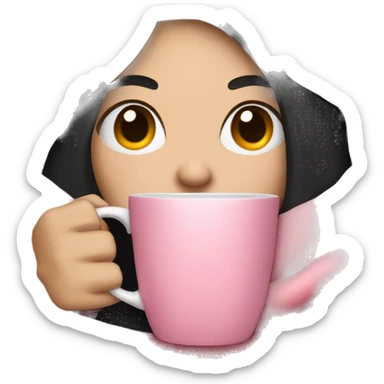 white girl with black straight hair inside a pink blanket sipping coffee eyes closed sticker