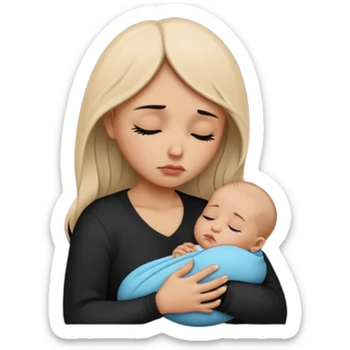 Minimalistic flat vector icon, iOS style, thin black contour on white background. Silhouette of a sad mother holding a baby, small tear drop. Clean, no text, no shadows sticker