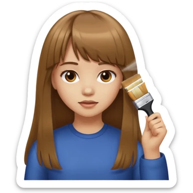 a girl with light skin and medium brown long hair with bangs who is brushing her hair sticker