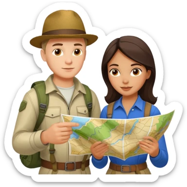Russian man and elegant Latina girl in adventure outfits with a map planning plants sticker
