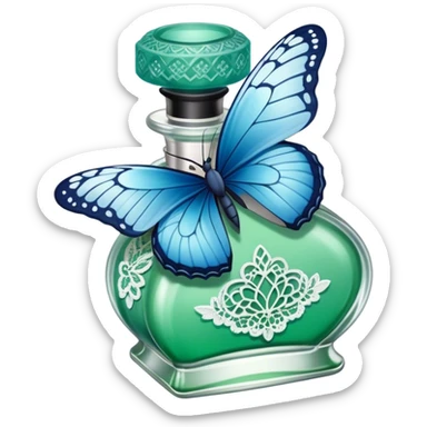 A single delicate blue butterfly resting on the edge of a lace-trimmed green  perfume bottle.
 sticker
