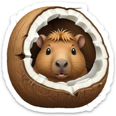 A cute capybara peeking out from inside a cracked open coconut shell sticker