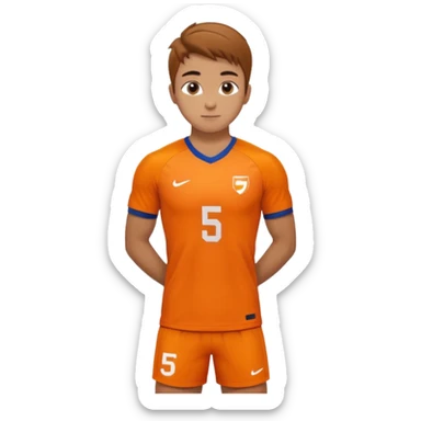 Apple iOS style 22 year old soccer player standing hands on waist, orange jersey #5, stadium lighting sticker