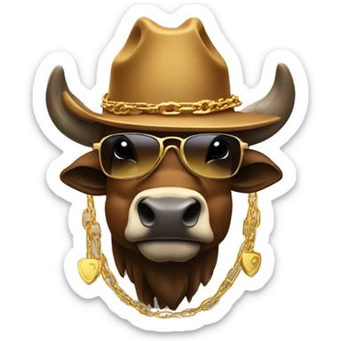 Smiling bison in cowboy hat with sunglasses and gold chain sticker