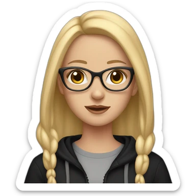 white girl with glasses and long blonde hair and black hoodie and a red doberman sticker