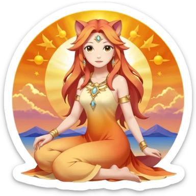 Sun-kissed Sunset-Gradient Celestial Flaring Warm Hot Feminine Beautiful Elegant Pretty Sun-Pyroar-Solgaleo-Suicune-Meloetta-Goddess-Lioness-Fakémon-Digimon-hybrid-fusion with closed relaxed eyes and symmetry and sitting on a cloud pastel divine dress beauty   sticker