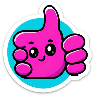Minimalist sticker with white 'tt' letters on a black circle with cyan, magenta, and yellow dots below, thumbs up gesture with street style influence sticker