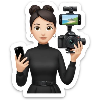 middle aged woman photographer with dark hair, slicked back in a bun, wearing black clothes, carrying a canon r5 and an iPhone on a gimbal sticker