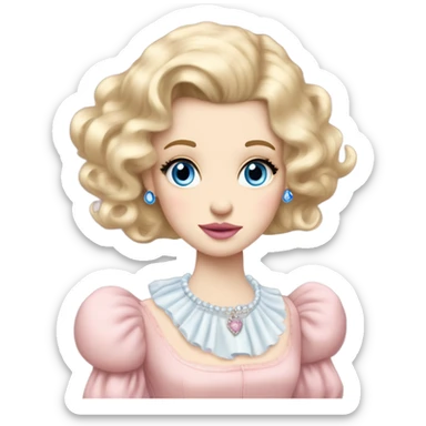 girl blonde hair pale skin blue eyes. Pink lips blush (but not too much). Vintage blowout with long hair not too curly.  light pink princess dress, puffed sleeves, dainty choker necklace (think Versailles but not too much). She has tears in her eyes sticker