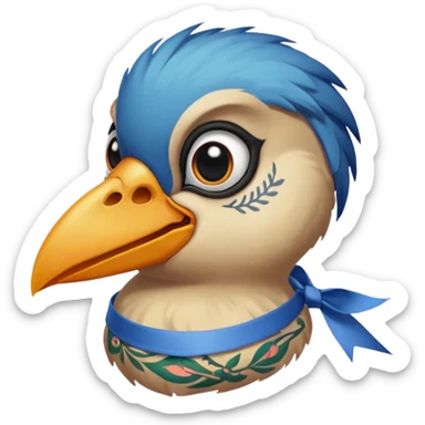 bird with piercings on beak and excessive face tattoos and ribbon two eyes sticker